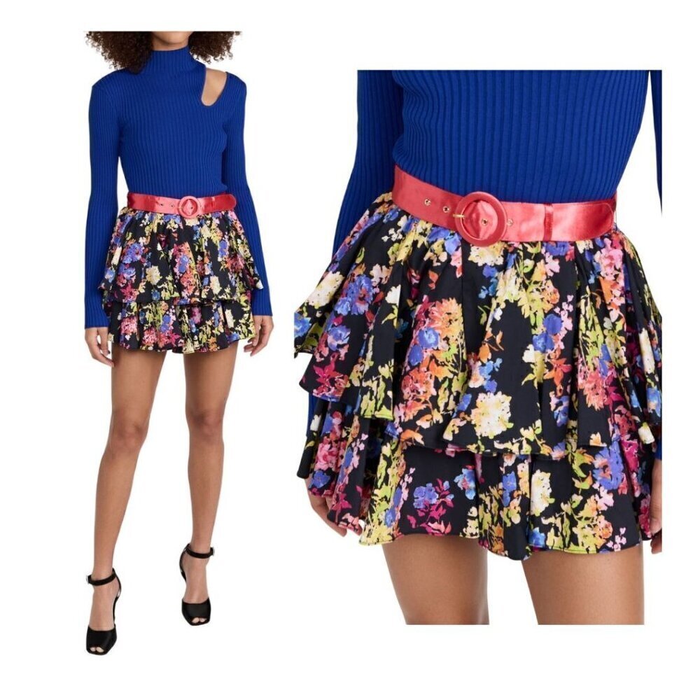 Caroline Constas Reign Mini Skirt, Black Multi Summer Floral, Size XXS, NWT
